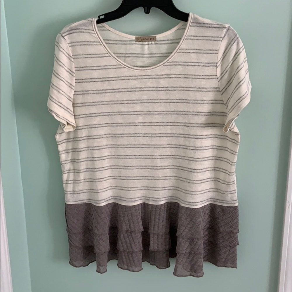 cream striped shirt w ruffles on bottom